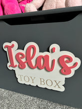Load image into Gallery viewer, Personalised Wooden & Acrylic Toy Box Sign for Children’s Room