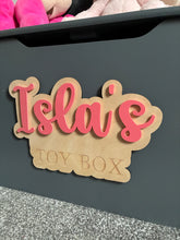 Load image into Gallery viewer, Personalised Wooden &amp; Acrylic Toy Box Sign for Children’s Room
